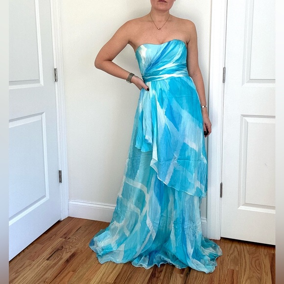 Silk Chiffon Bustier Layered Evening Gown - Picture 1 of 5